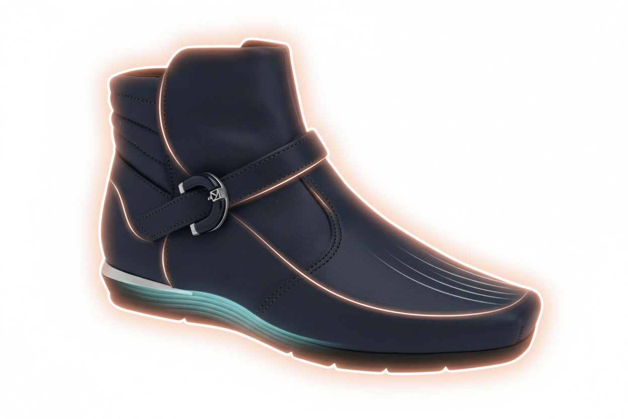 Navy blue ankle boot with a strap and buckle on a white background