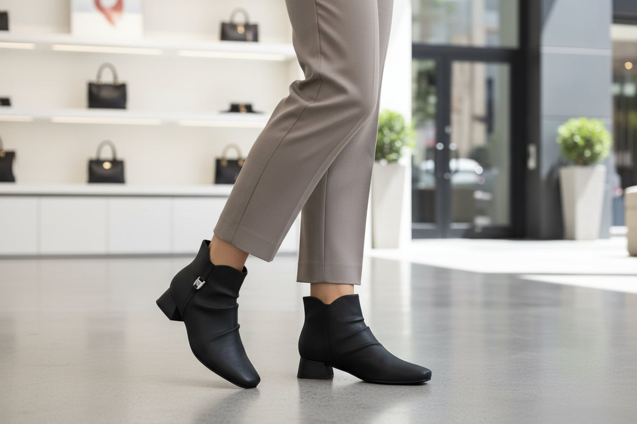 Black ankle boot with a strap on a white background