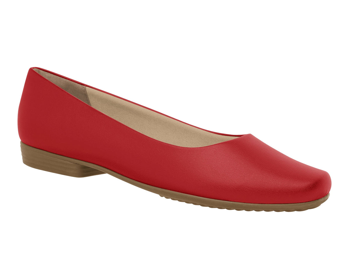 A pair of chic red flat shoes with a flat outsole, suitable for casual wear.