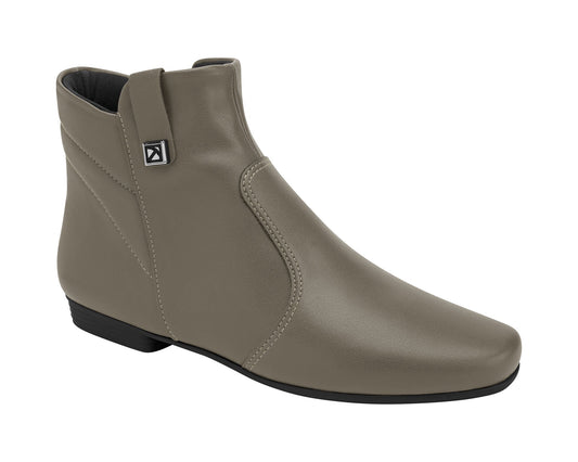 A soft khaki ankle boot with a low heel and a zipper on the side.