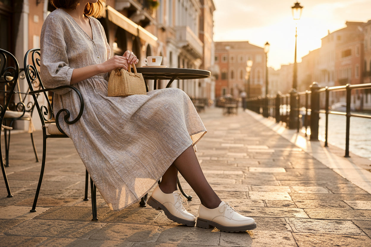 Woman in a light dress sitting at an outdoor cafe table by a canal with a cityscape in the background.