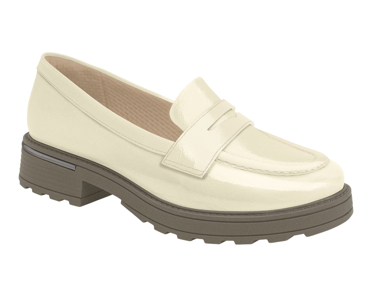 A pair of white loafers with a buckle-up closure, a flat sole, and a heel.