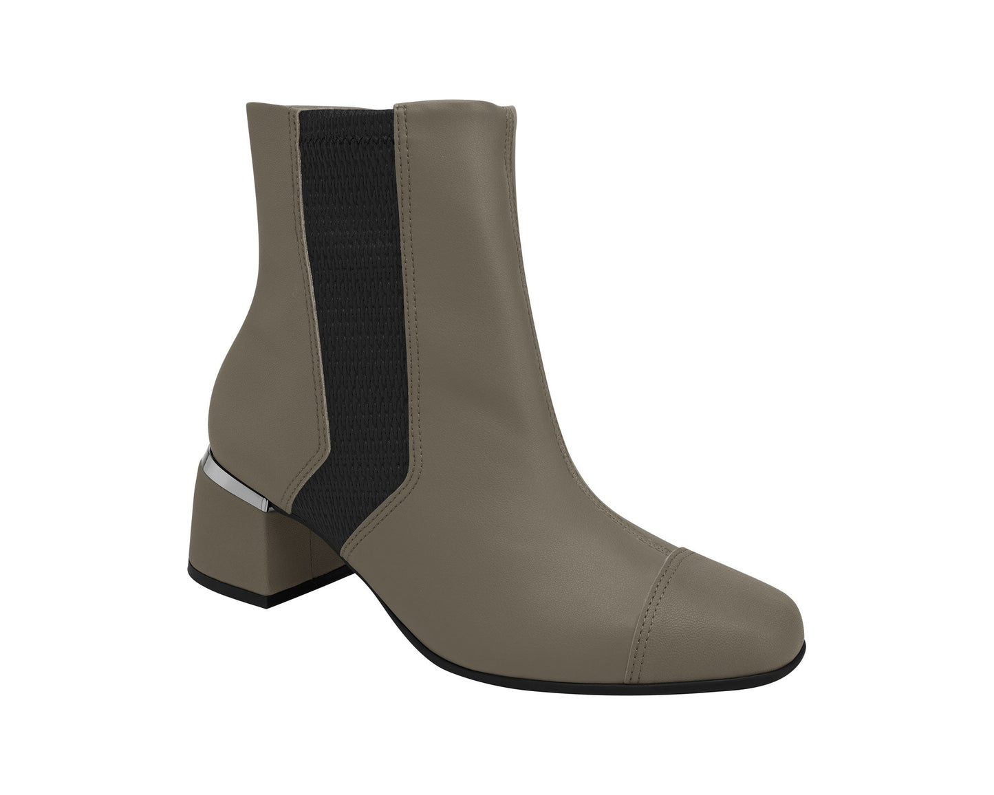 A low heel ankle boot in a soft taupe color with a black panel and metallic detail on the heel.