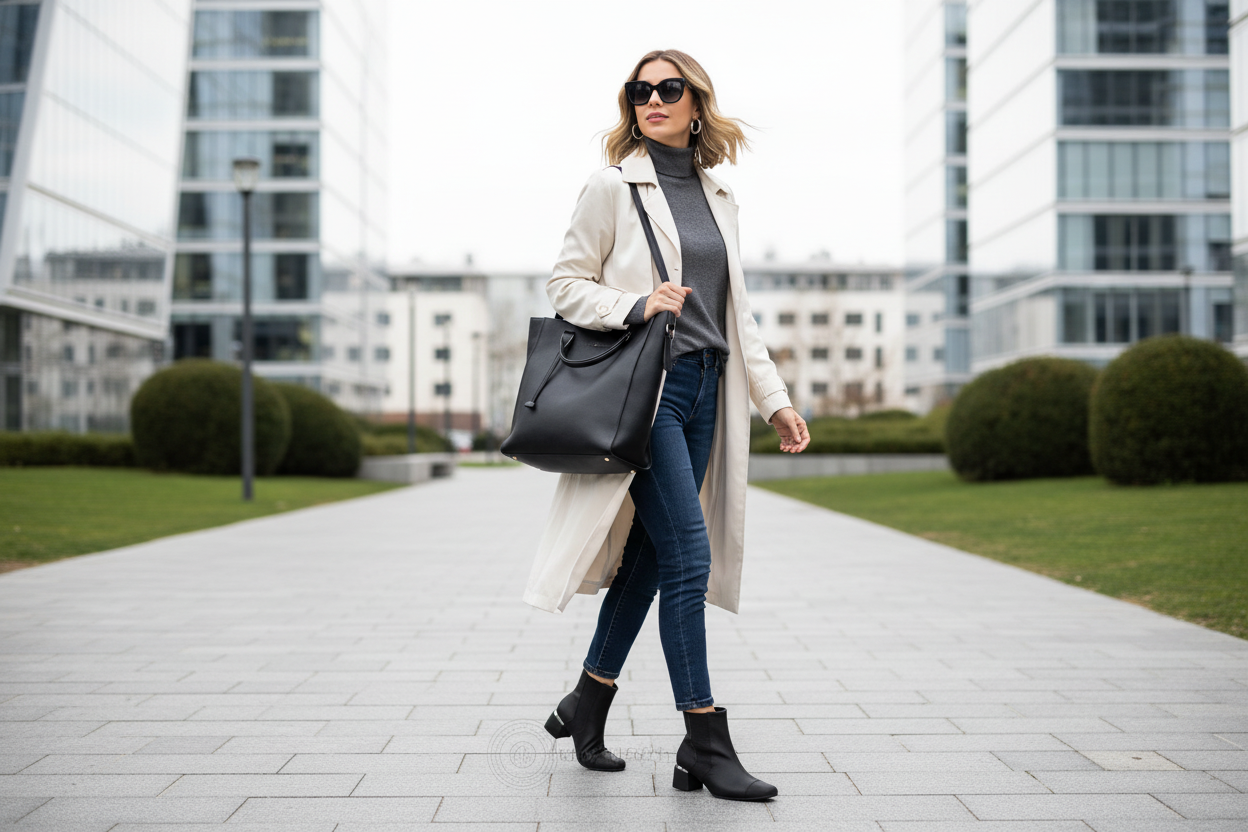 A woman in sunglasses, a trench coat, turtleneck, jeans, and Piccadilly Striking Low Heel Ankle Boot Maxitherapy - Soft Black (Ref 748028-05) with a comfort footbed walks confidently outdoors carrying a black tote bag.