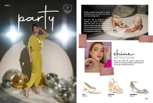 A woman in a green jumpsuit and heeled sandals poses among disco balls. On the right, the Piccadilly Ref 588006 Dazzle and Shine Special Occasion Sandal is displayed—perfect for your next special event, with its elegant style and comfort.