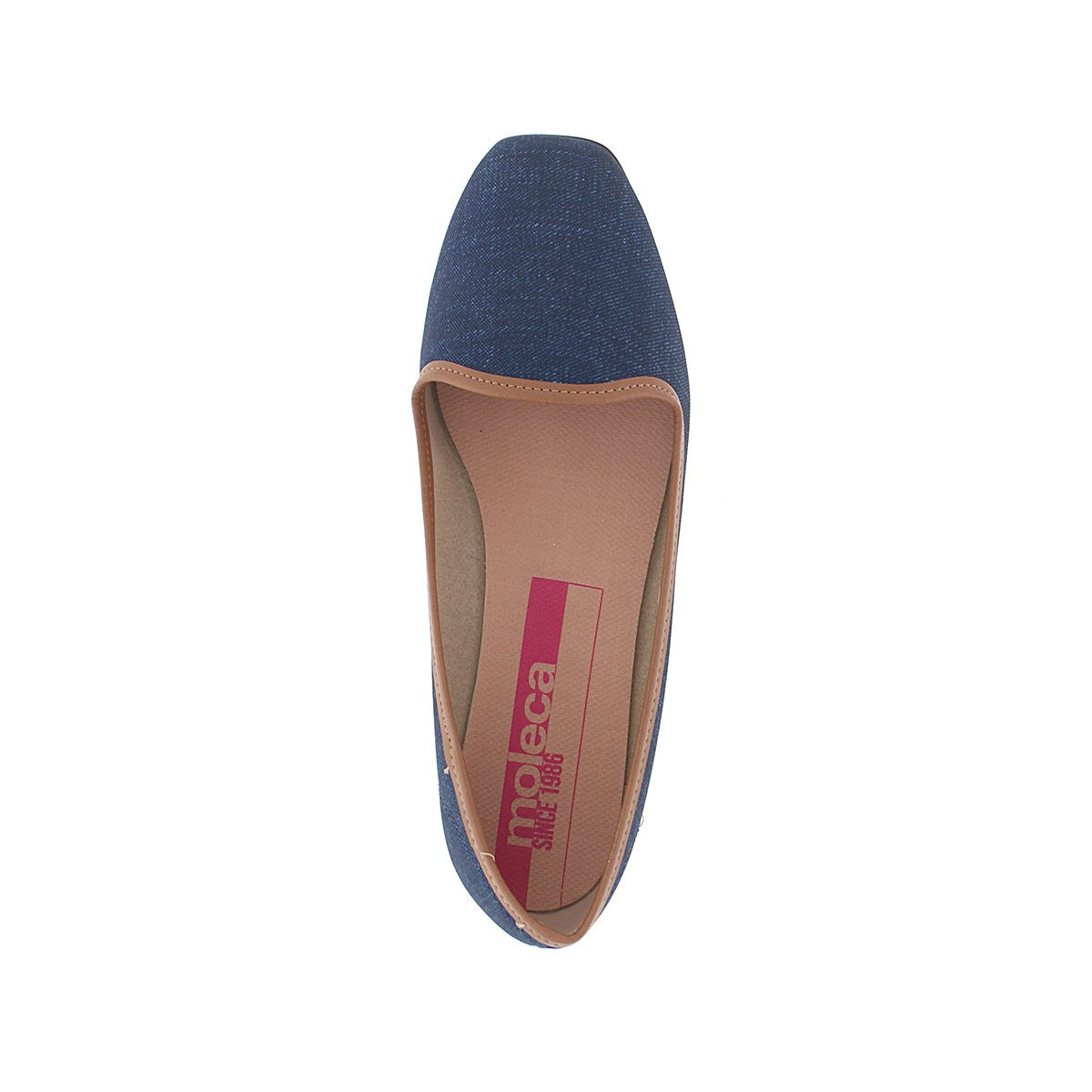 The Moleca 5255.635 Women Fashion Flats in Jeans features a blue slip-on design, rounded toe, tan inner lining, and a pink insole label with "Moleca since 1986" in white text, shown from above on a white background.
