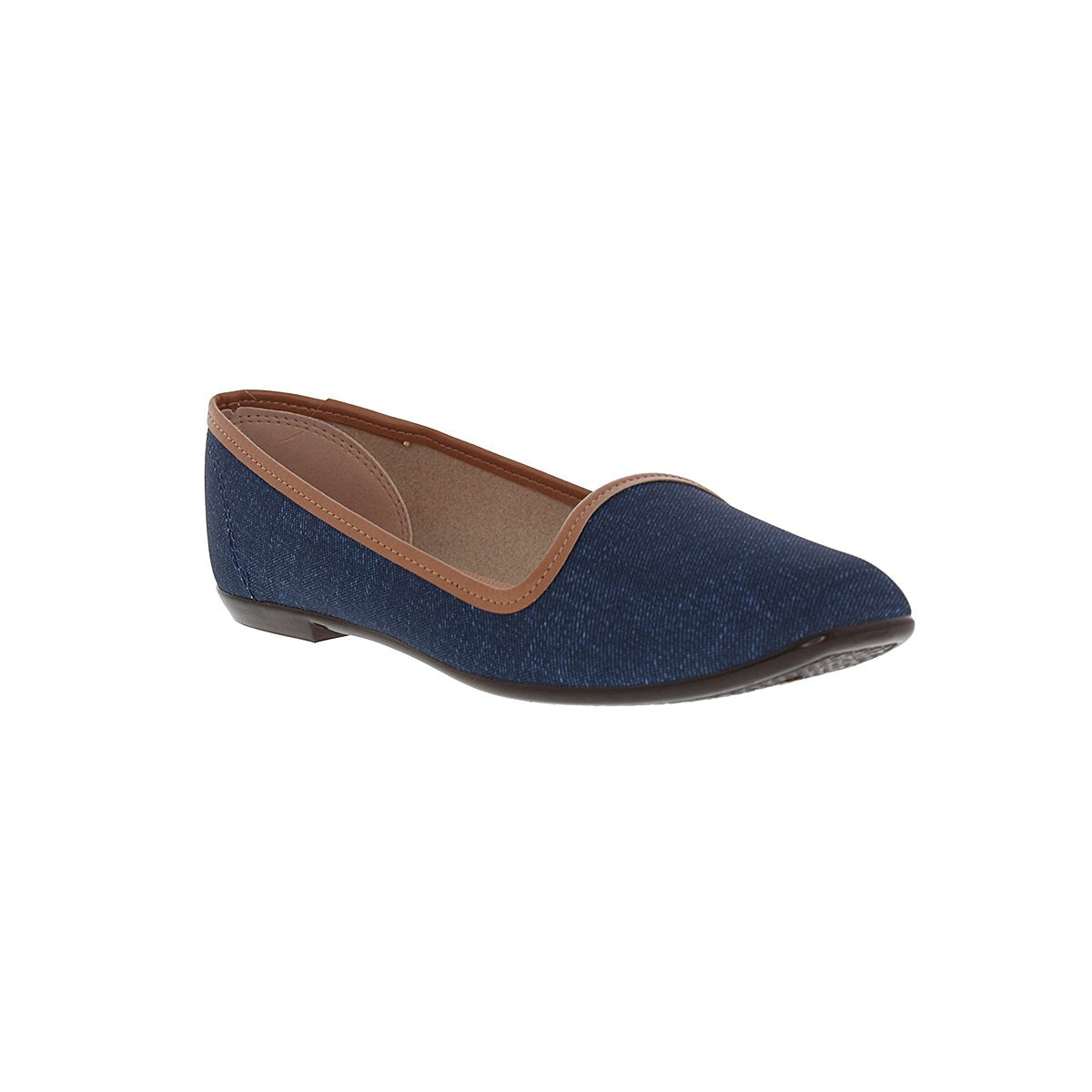 The Moleca 5255.635 Women Fashion Flats in Jeans features a dark blue fabric upper, light brown trim, and slight heel, displayed on a white background—perfect for versatile women’s fashion.