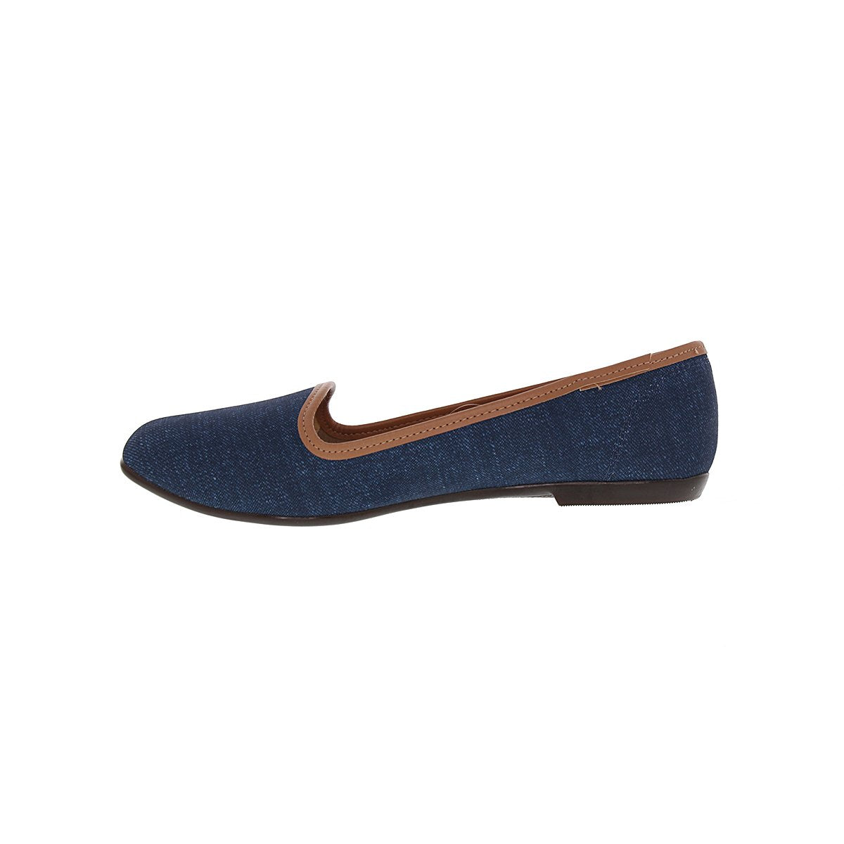 The Moleca 5255.635 Women Fashion Flats in Jeans feature a dark blue slip-on design with brown trim, offering versatile style for any occasion—perfect for elevating women’s fashion.