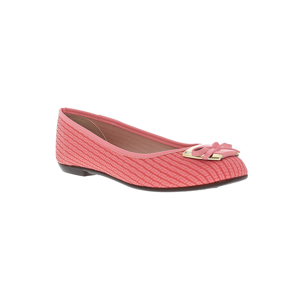 The Moleca 5255.635 Women Fashion Flats in Coral Neo is a textured flat with a decorative bow and gold buckle detail on the toe, shown against a white background—a chic choice for trendy women’s footwear.