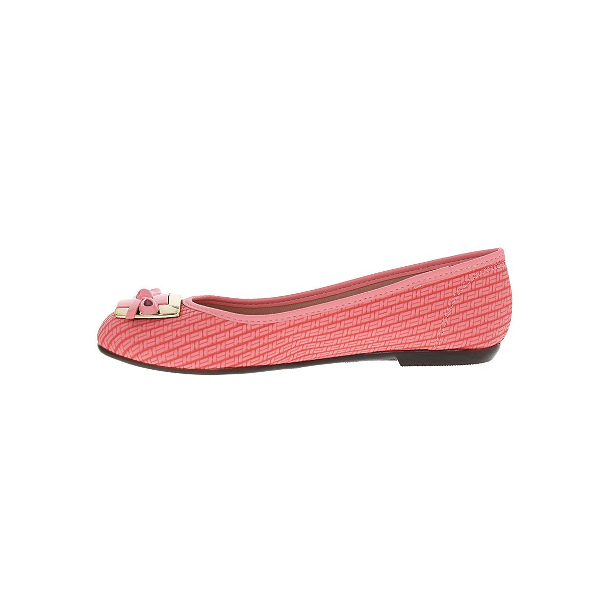 The Moleca 5255.635 Women Fashion Flats in Coral Neo feature trendy pink textured design with a small decorative bow and metallic toe accents—an elegant footwear choice, displayed in side profile on a white background.