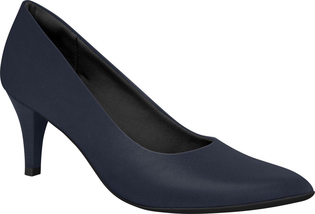 The Piccadilly 745035 Women Fashion Business Classic Scarpine Heel in Navy features a pointed toe and medium heel, designed for comfort—perfect for flight attendants—displayed on a white background.