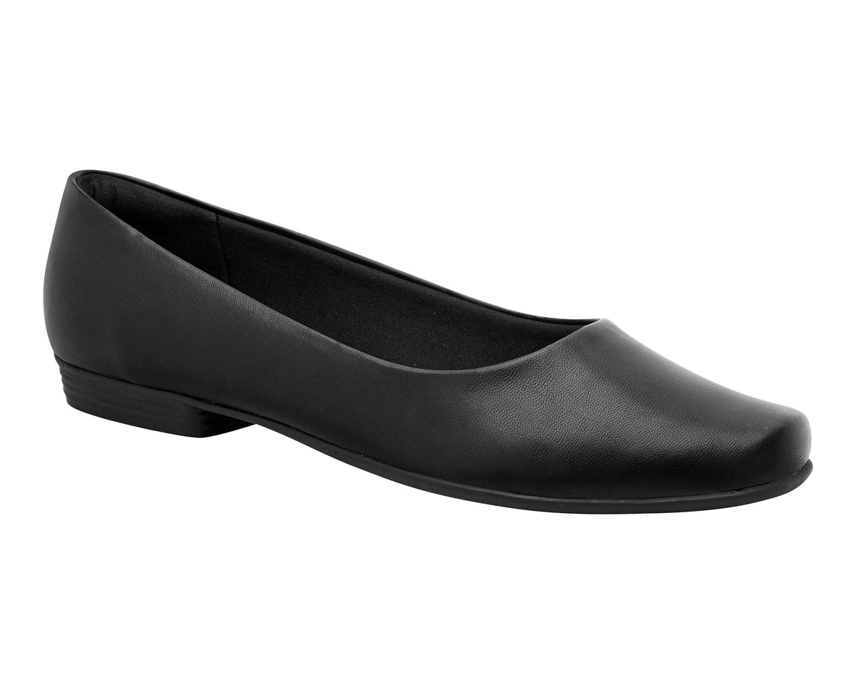 The Piccadilly Ref: 250115-1052 Business Court Flat Shoe in Plane Black is a single black flat with a low heel, rounded toe, and smooth finish. Featuring Piccadilly Cloud Technology for extra comfort—perfect as work or flight attendant shoes.