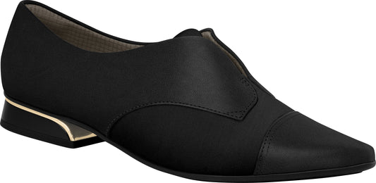 The Ref: 278007-1168 Women Oxford Shoe features a black design with a gold heel detail, elastic for comfort, closed toe, and subtle stitching—combining lasting style and support from Piccadilly Maxitherapy.