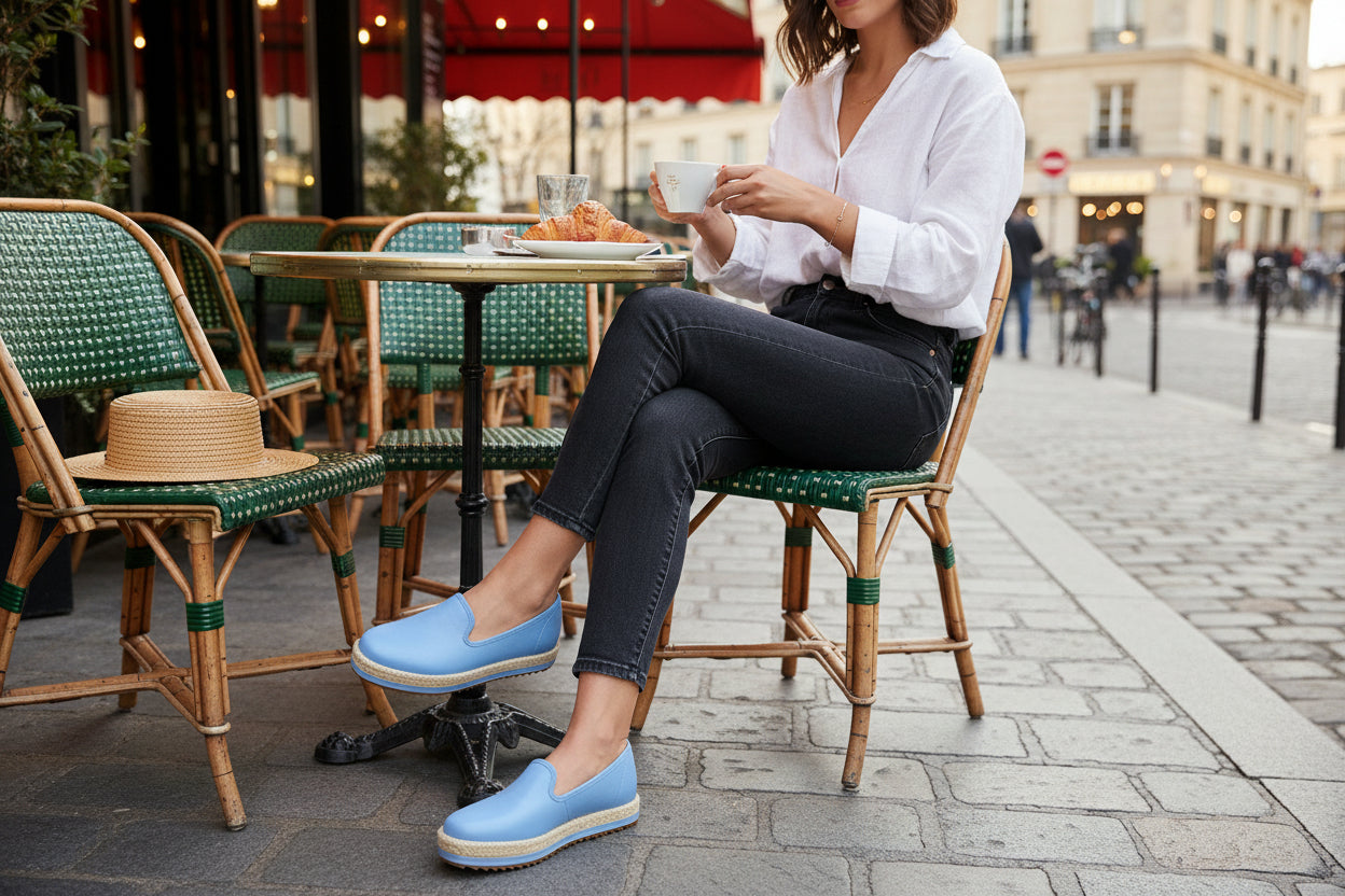 A woman in a white shirt and black jeans sits at an outdoor café table, holding a teacup. She wears the Beira Rio 4196.600 Women Fashion Loafer in Jeans—stylish, versatile footwear. A straw hat rests on a nearby chair.