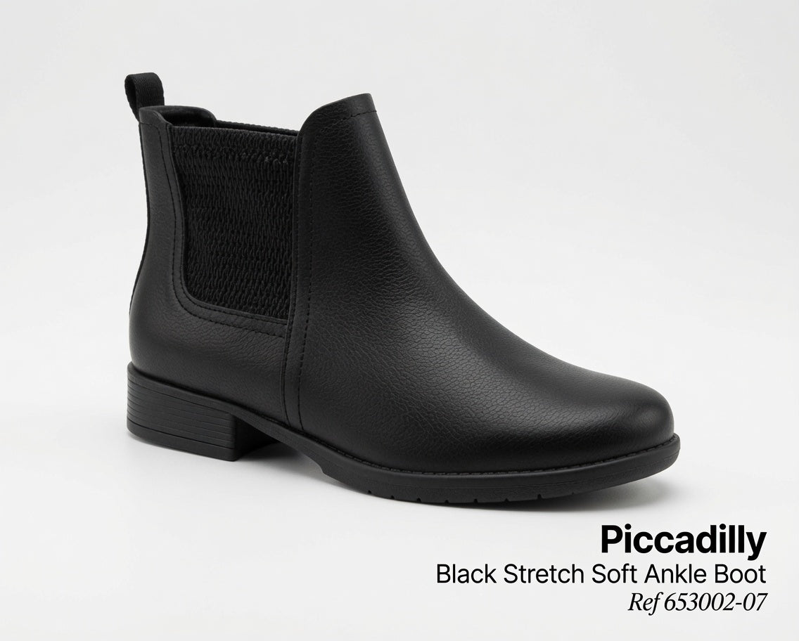 Piccadilly black stretch ankle boot detailing the deep elastic side panels and convenient back pull-tab.
