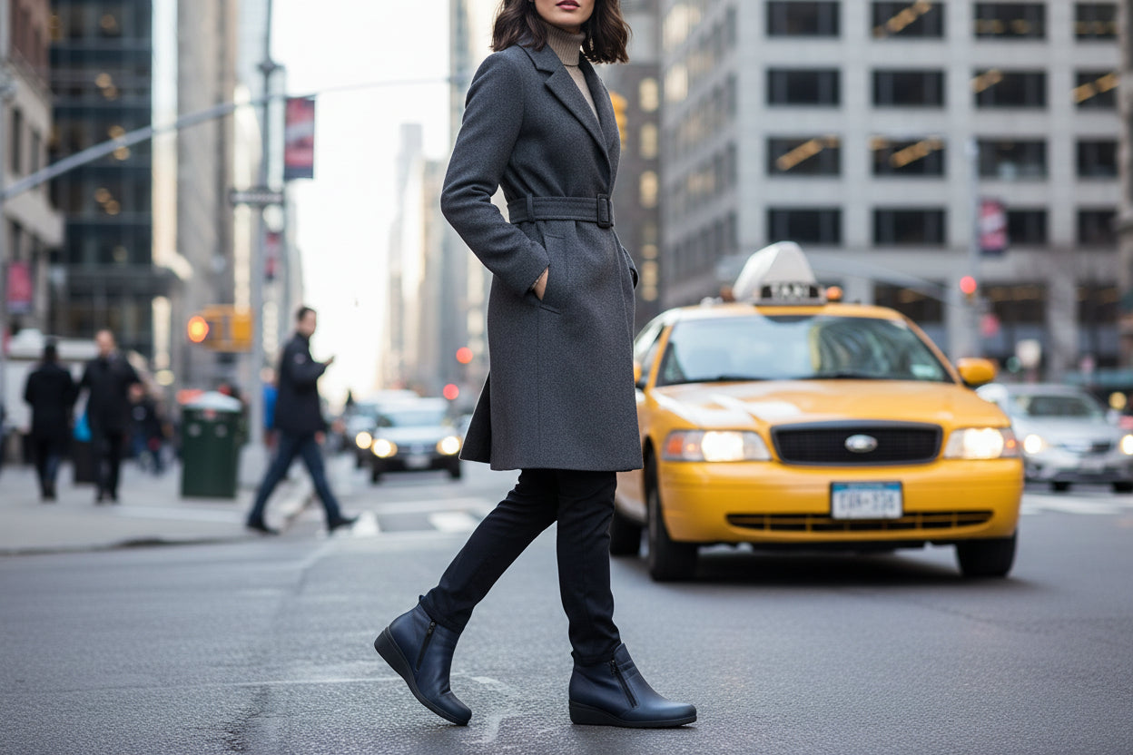 Blue ankle boot with a black zipper on a white background