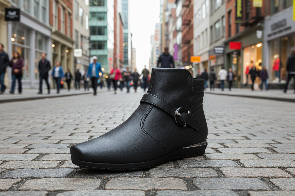 Black ankle boot with strap on a city street