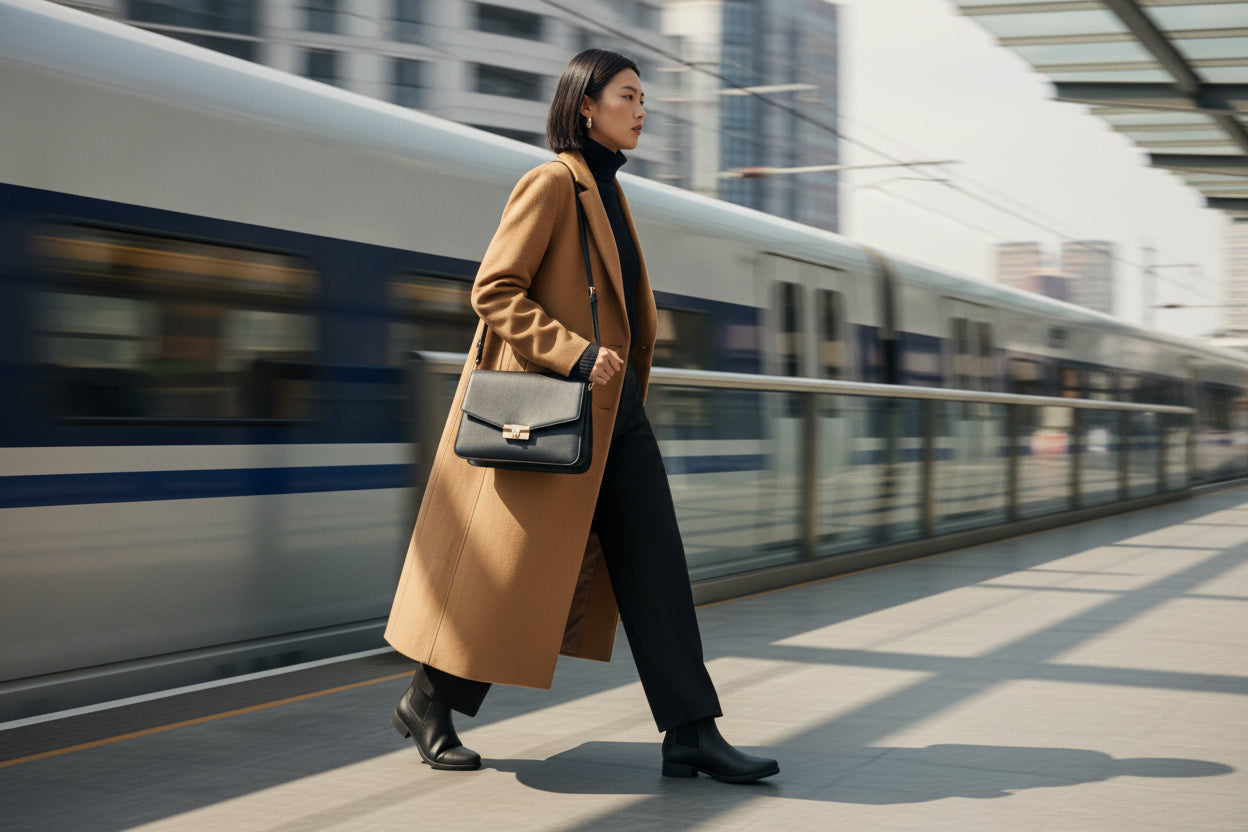A woman in a long camel coat, black pants, and Piccadilly Black Stretch Soft Ankle Boot (Ref 653002-07) walks briskly on a train platform, carrying a black handbag with a modern train and city buildings in the background.