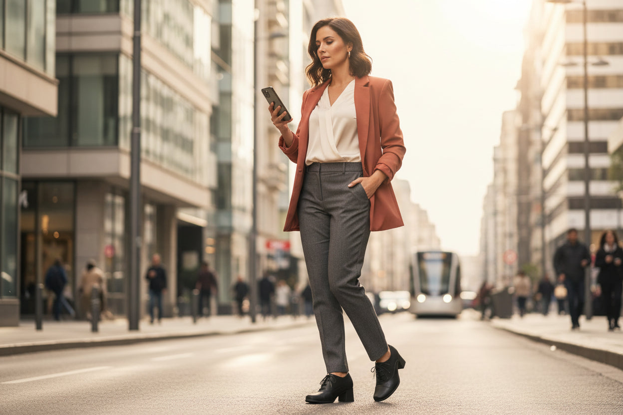 Woman in business attire walking on a city street holding a phone.