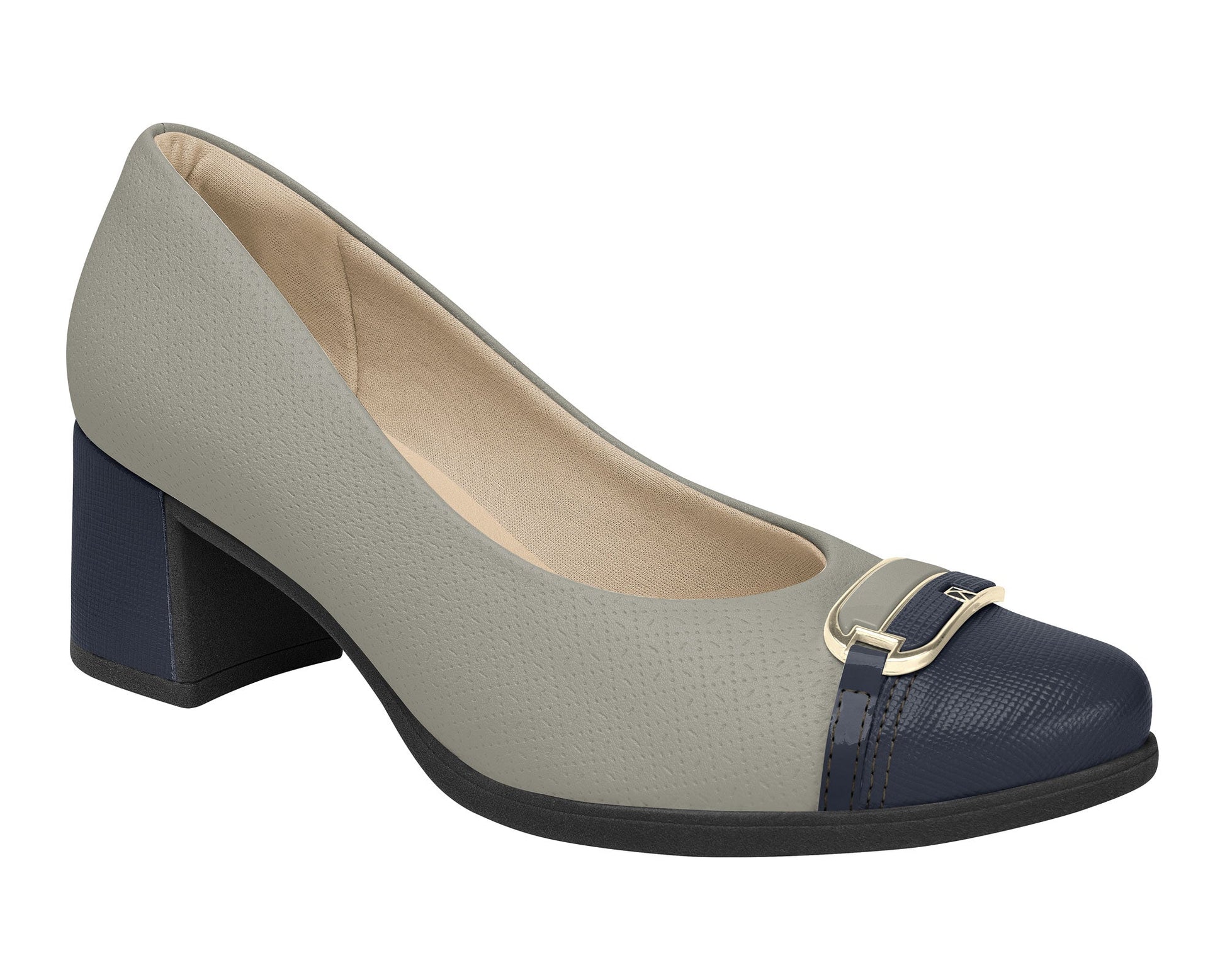 A pair of women's pumps with a combination of gray and navy colors, featuring a buckle on the toe and a block heel.