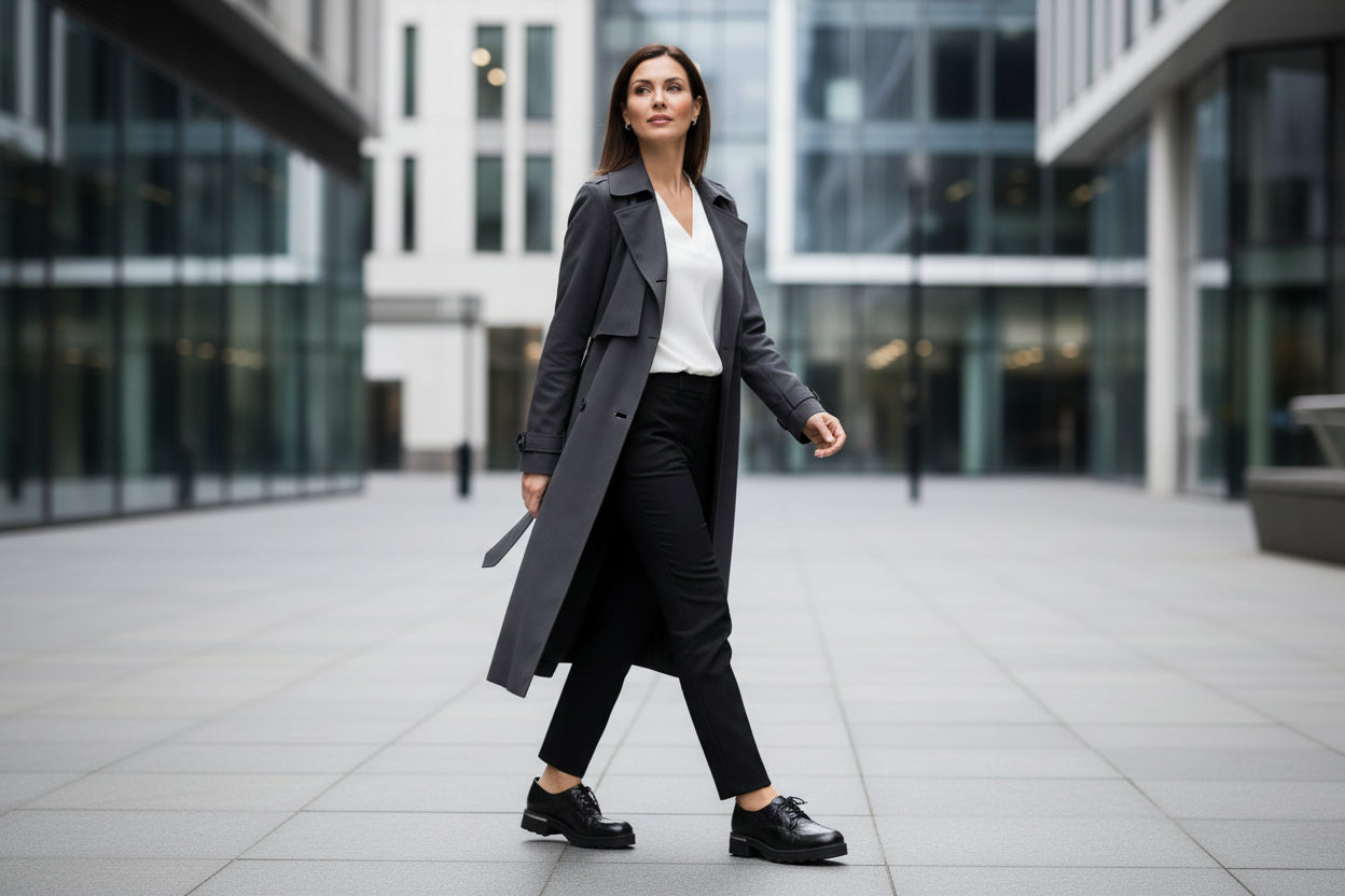 Woman in a gray coat and black pants walking in an urban setting