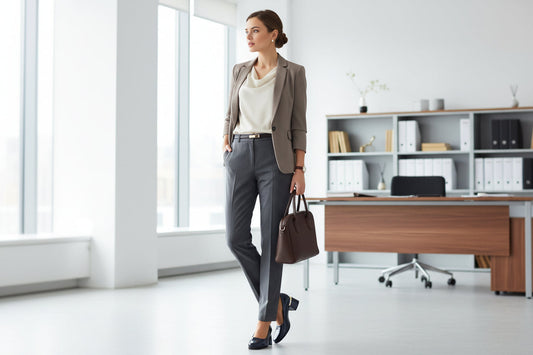 Woman in professional attire standing in a modern office setting