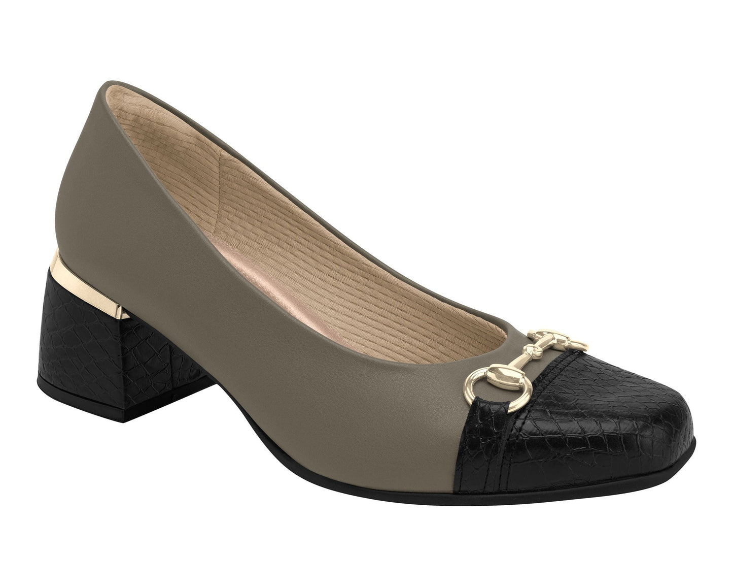 The Piccadilly Wide Fit Court Shoe - Khaki Black (Ref 748026-01) features a taupe body, black textured toe, gold hardware, and a chunky heel with gold accent—ideal for stylish comfort and bunion-friendly support.