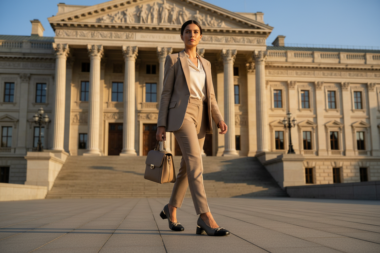 A confident woman in a beige suit walks outside a grand neoclassical building at sunset, holding a handbag and wearing Piccadilly Wide Fit Court Shoe - Khaki Black (Ref 748026-01), which completes her stylish look.