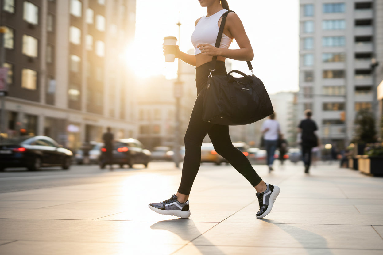 Woman walking on a city street holding a coffee cup and carrying a black handbag.