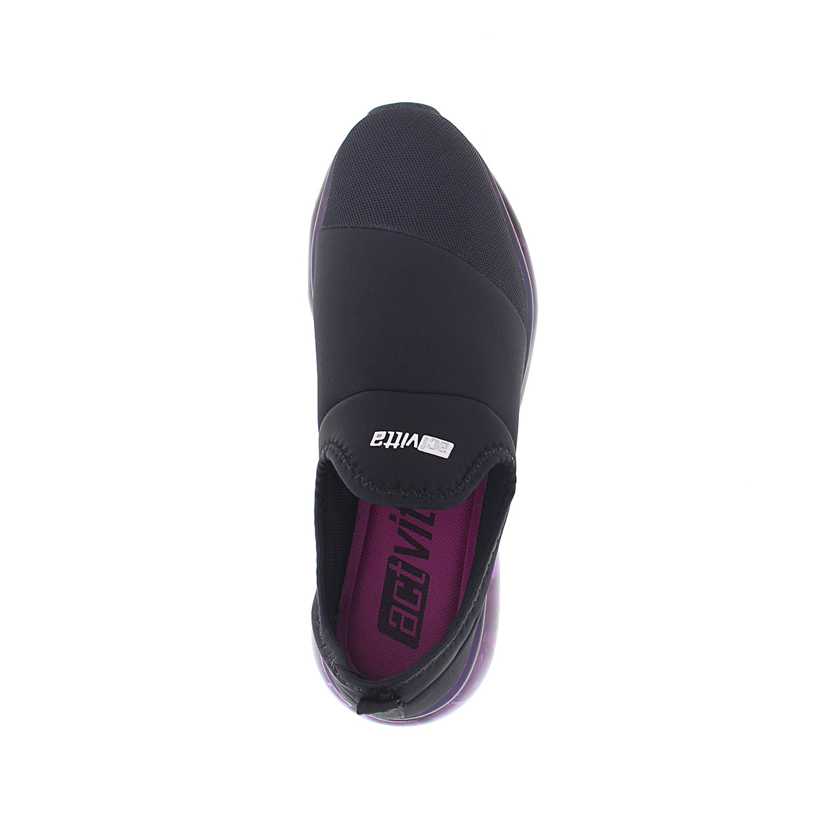 Top view of the Activitta 4215.606 Women Fashion Sneaker in Black, featuring a stretchy, seamless slip-on design, flexible sole, soft purple insole labeled ACTIV, VITTA branding on the upper, and a rounded toe for comfort.