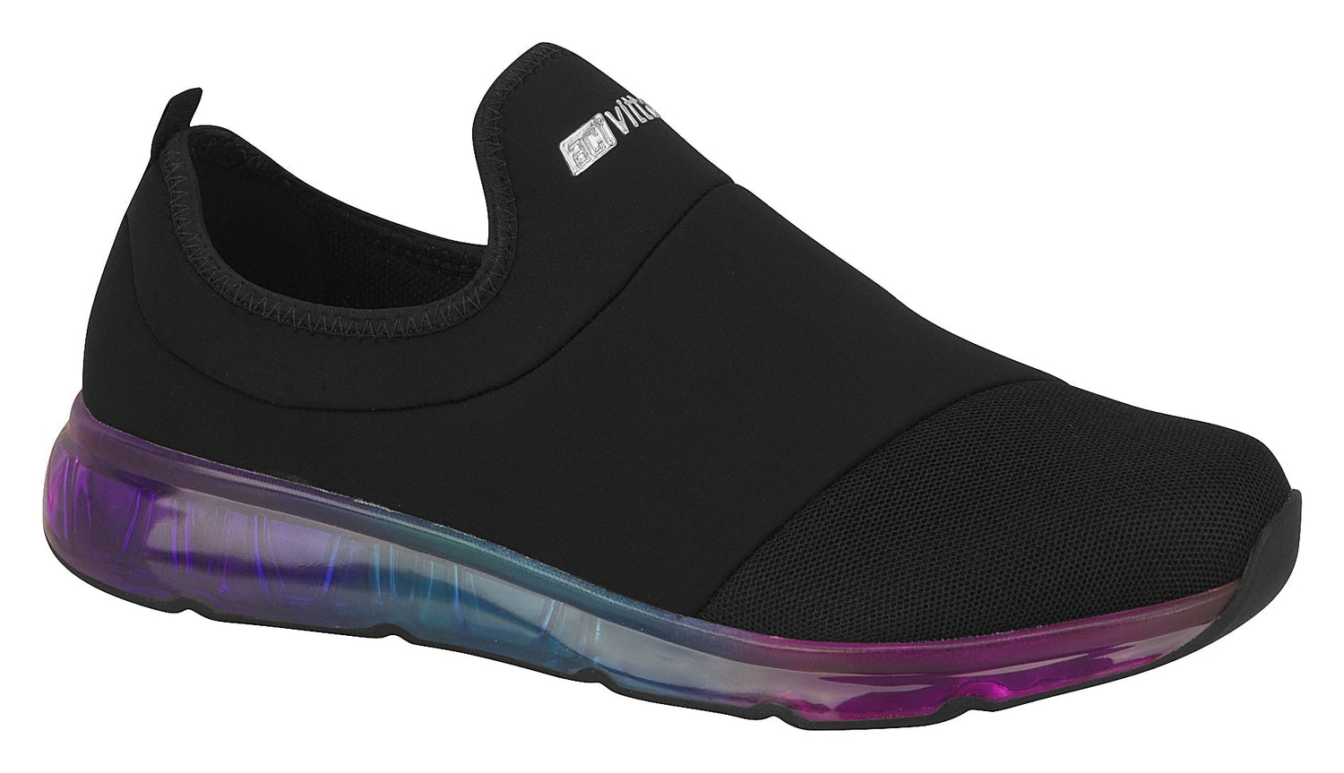 The Activitta 4215.606 Women Fashion Sneaker in Black is a slip-on with a textured toe, shiny multicolored purple-blue sole, stretchy upper, soft insoles, and a small tongue label for sporty style.