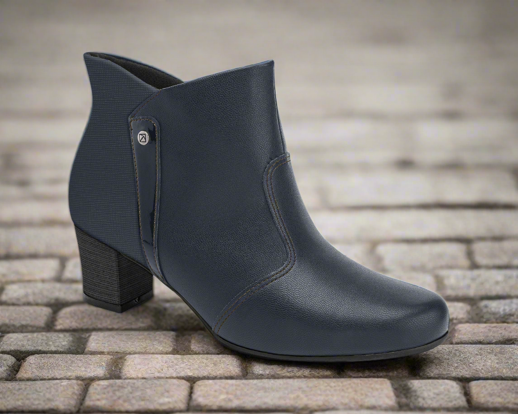 Ref: 110168-025 Piccadilly Ankle Boot &nbsp;- Navy Mid-Heel Boots: Crafted in Brazil with Smart Fit and Callus-Free Comfort