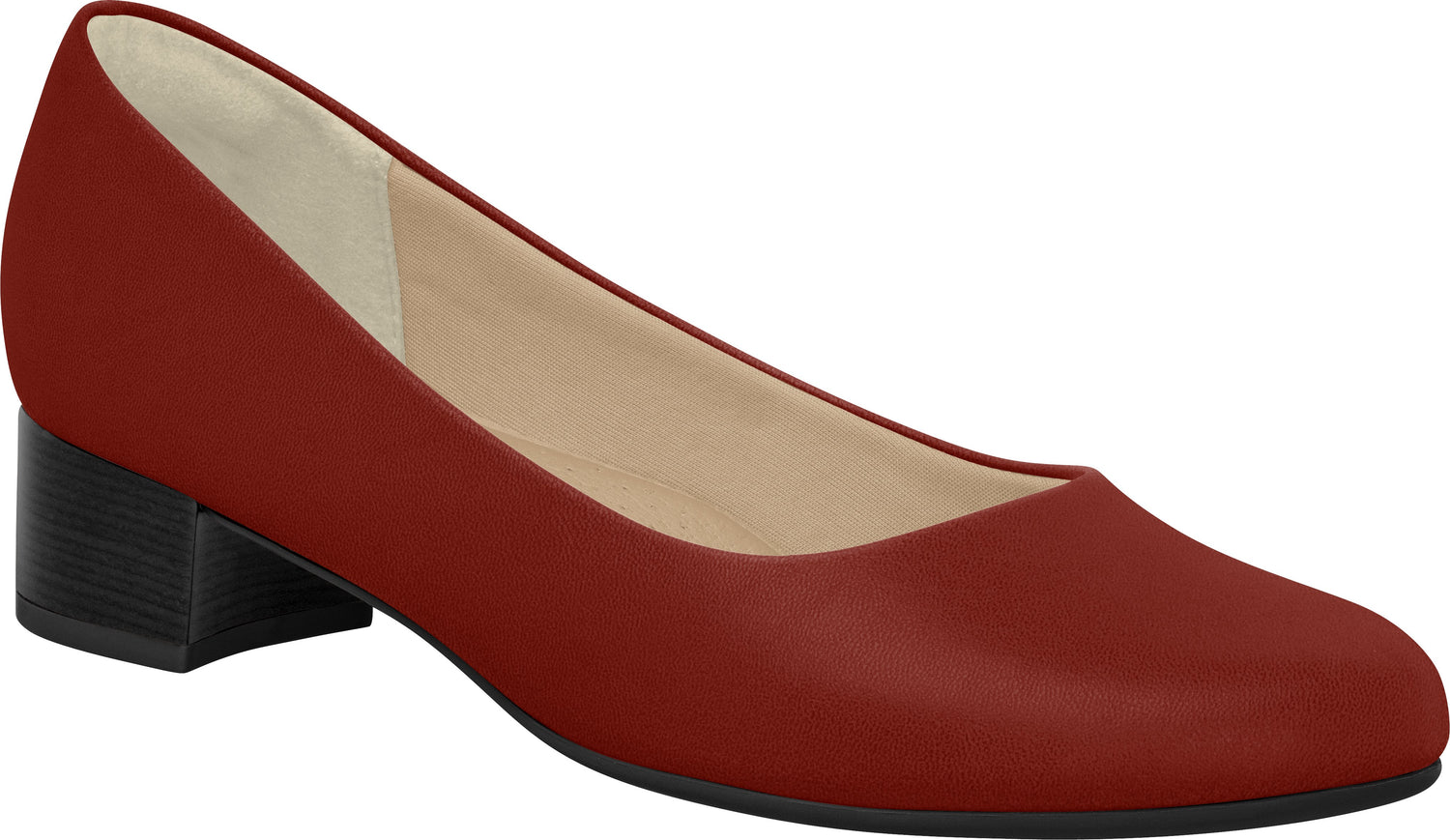 A red court shoe with a low heel, designed for flight attendants as part of an airline uniform.